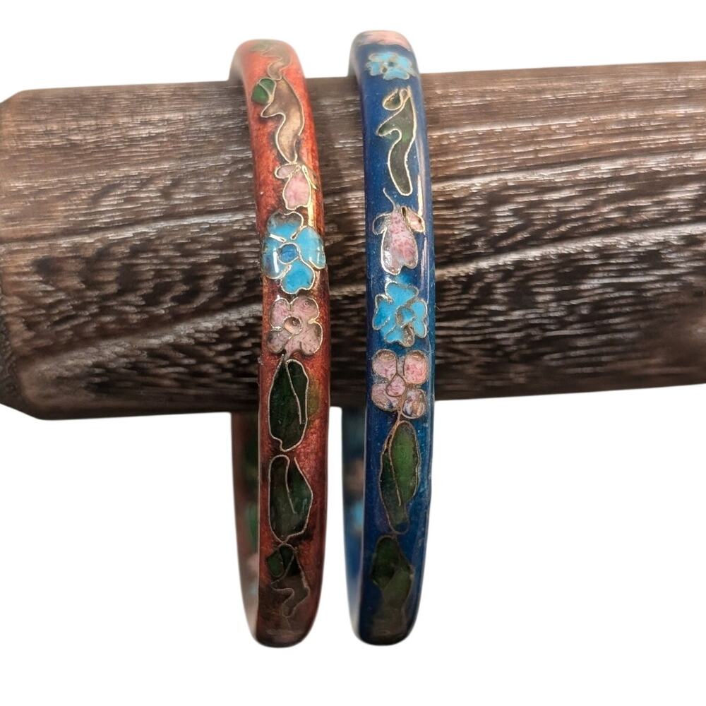 READ! Vtg 80s Cloisonné Floral Inside Outside Blue & Red Enamel Bangle Bracelets